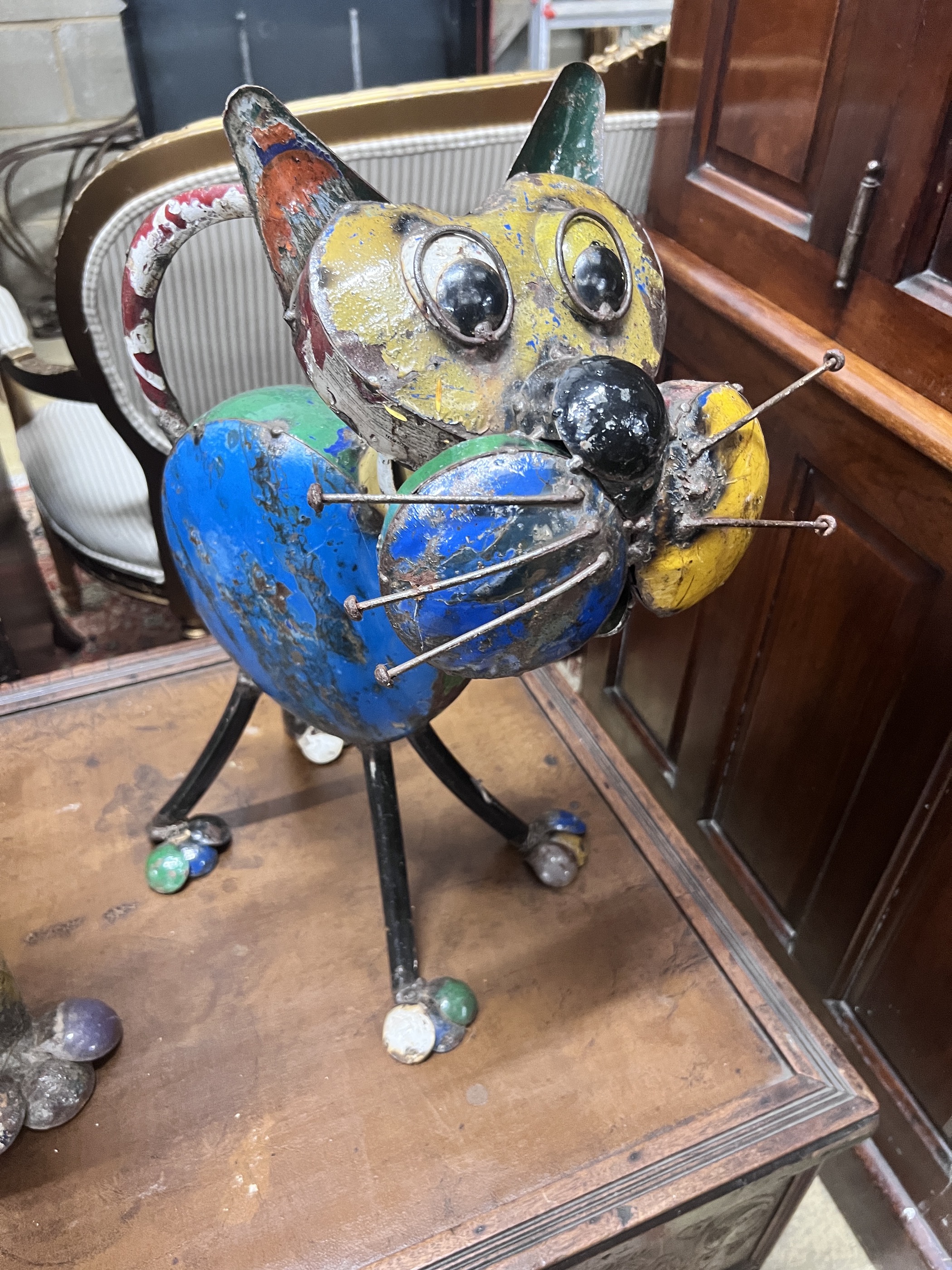 A tin cat and dog garden ornament by EE-I-EE-I-O-, Tabitha the cat and Ralph the dog, larger height 77cm